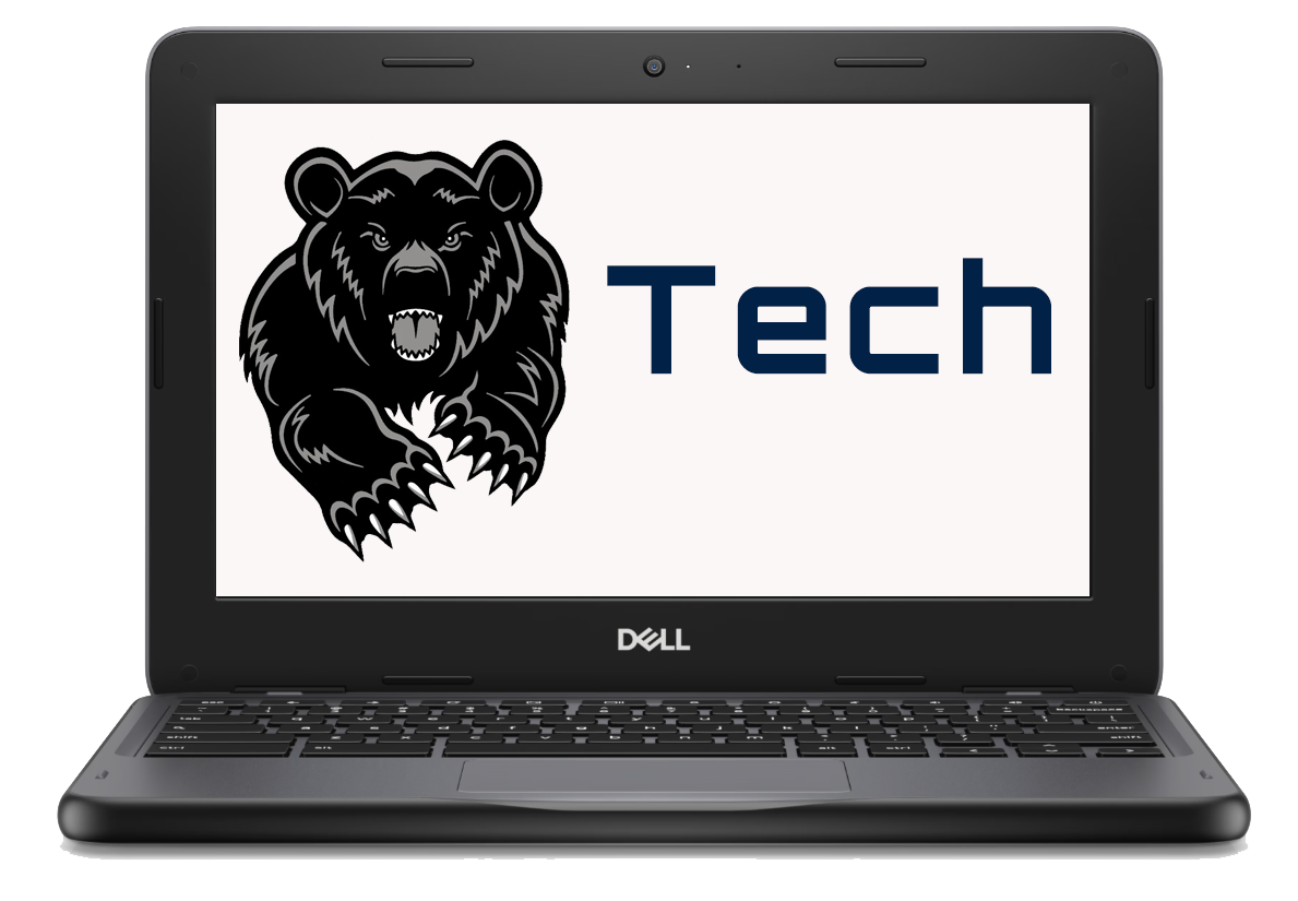 Laptop with bear mascot and word tech