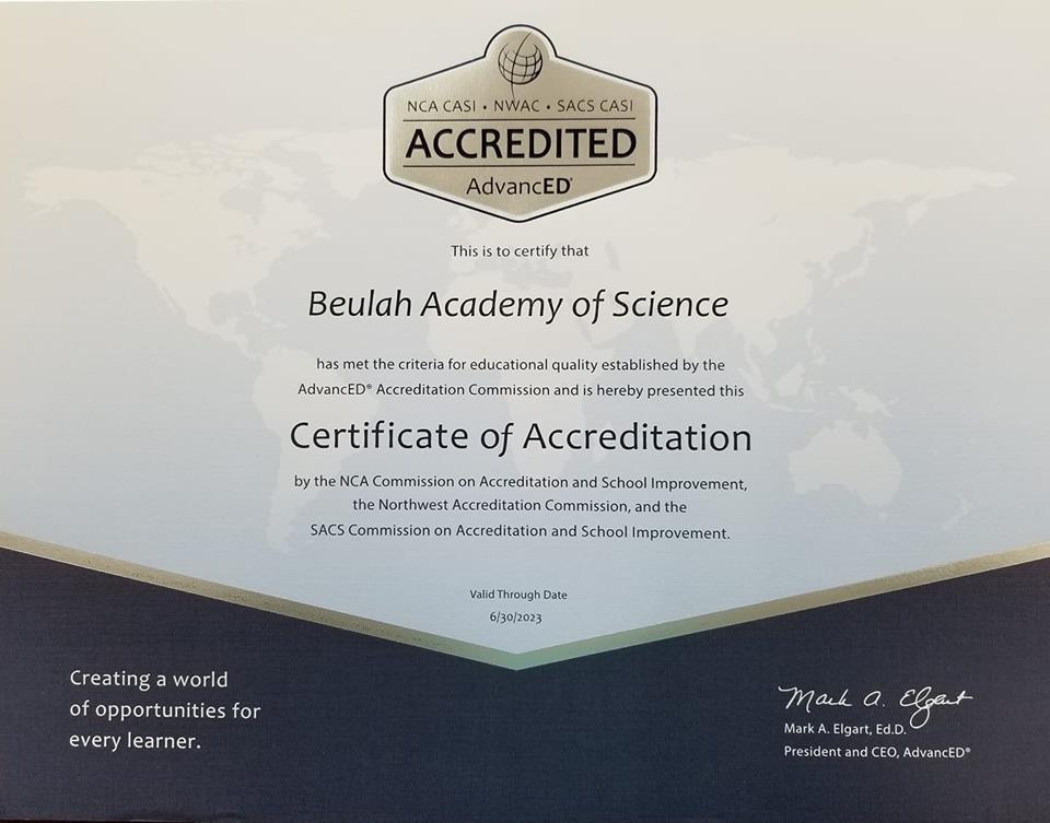 Beulah Academy of Science Certificate of Accreditation