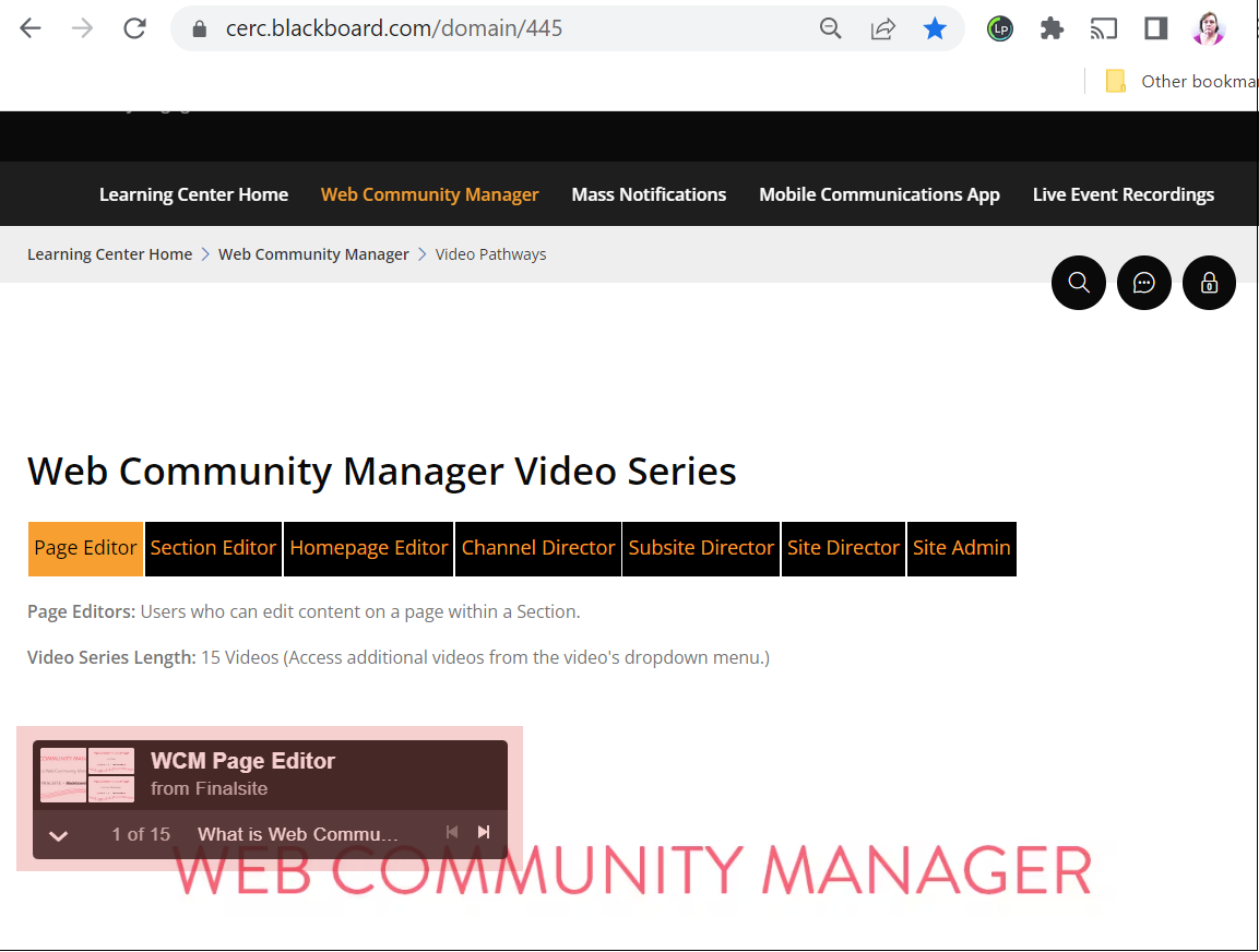 Screenshot of homepage for the Web Community Manager Video Series