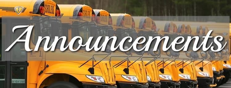 Line of buses in the background, with white text reading "Announcements" superimposed in the foreground.