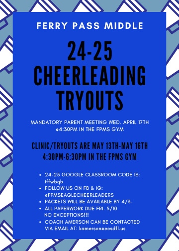 FPMS: 24 - 25 Cheerleading Tryouts Flyer; May 13 - 16