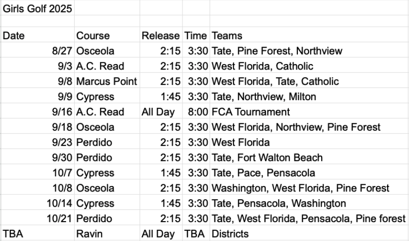 Golf schedule