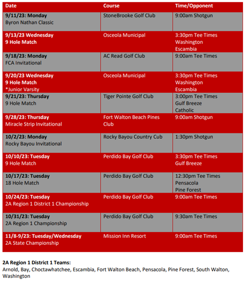 Golf Boys Schedule