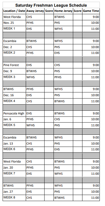 Boys Freshman League Schedule